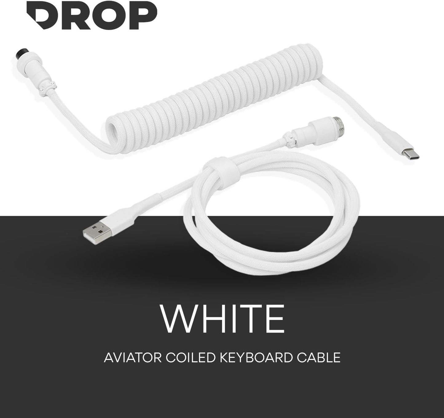 DROP Black and White Coiled Keyboard Cable - Aviator Connector - White