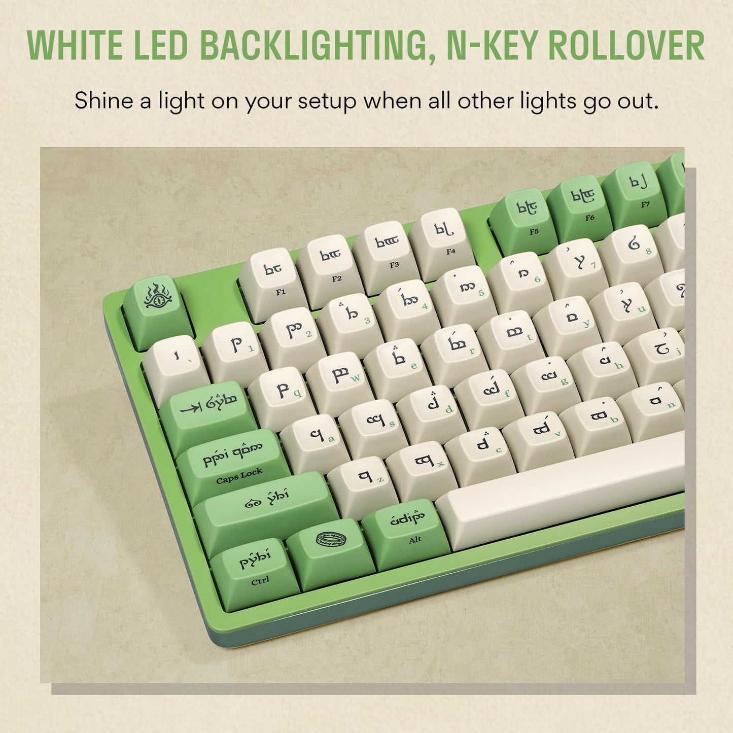 DROP + The Lord of The Rings™ Elvish TKL Mechanical Keyboard - MT3 Profile Keycaps with Accent Keys - Holy Panda X Tactile Switches - PBT Dye-Sub Keycaps - LED Backlight - Green