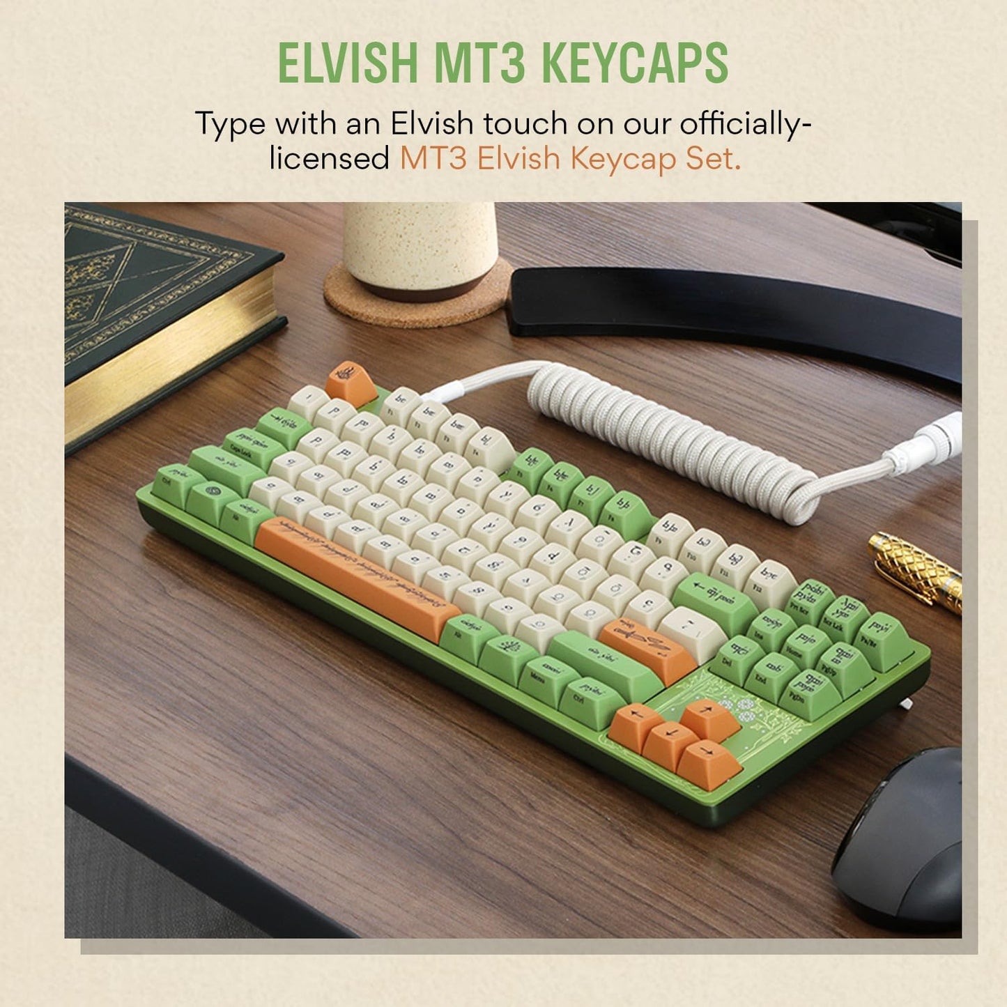 DROP + The Lord of The Rings™ Elvish TKL Mechanical Keyboard - MT3 Profile Keycaps with Accent Keys - Holy Panda X Tactile Switches - PBT Dye-Sub Keycaps - LED Backlight - Green