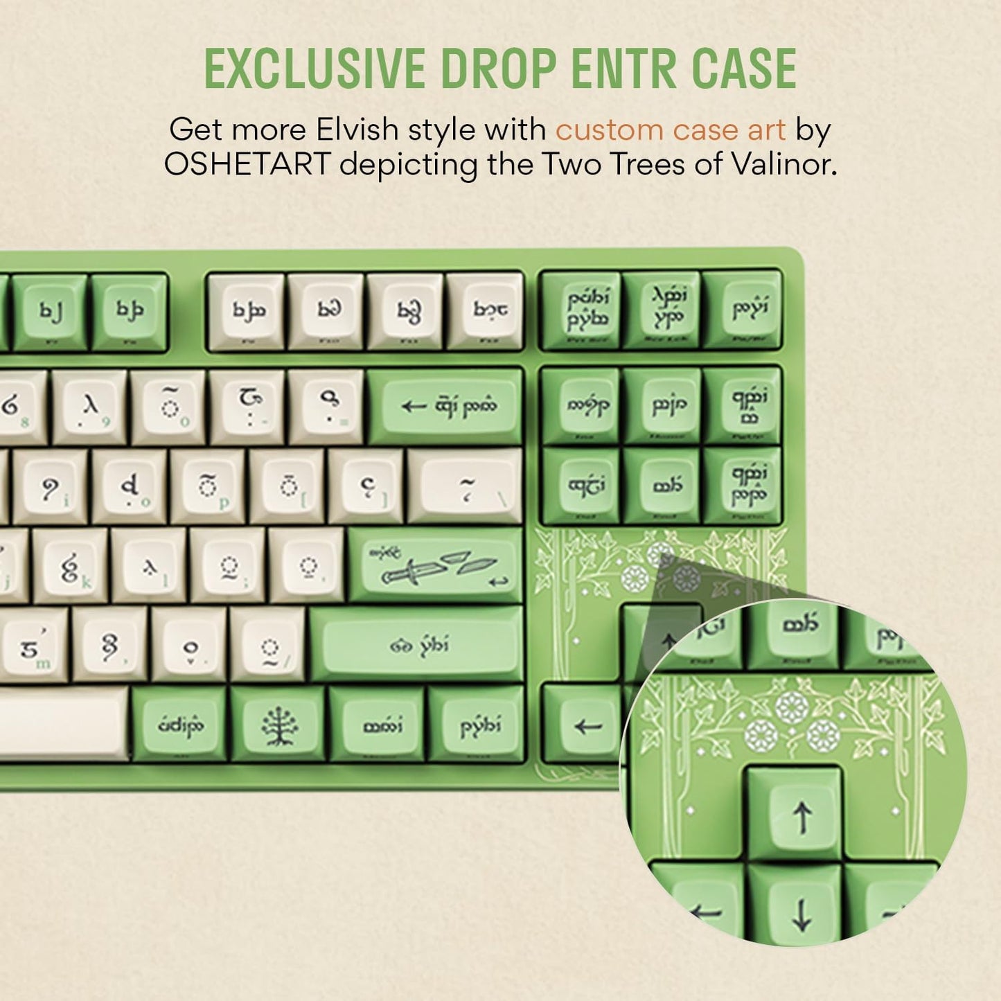 DROP + The Lord of The Rings™ Elvish TKL Mechanical Keyboard - MT3 Profile Keycaps with Accent Keys - Holy Panda X Tactile Switches - PBT Dye-Sub Keycaps - LED Backlight - Green