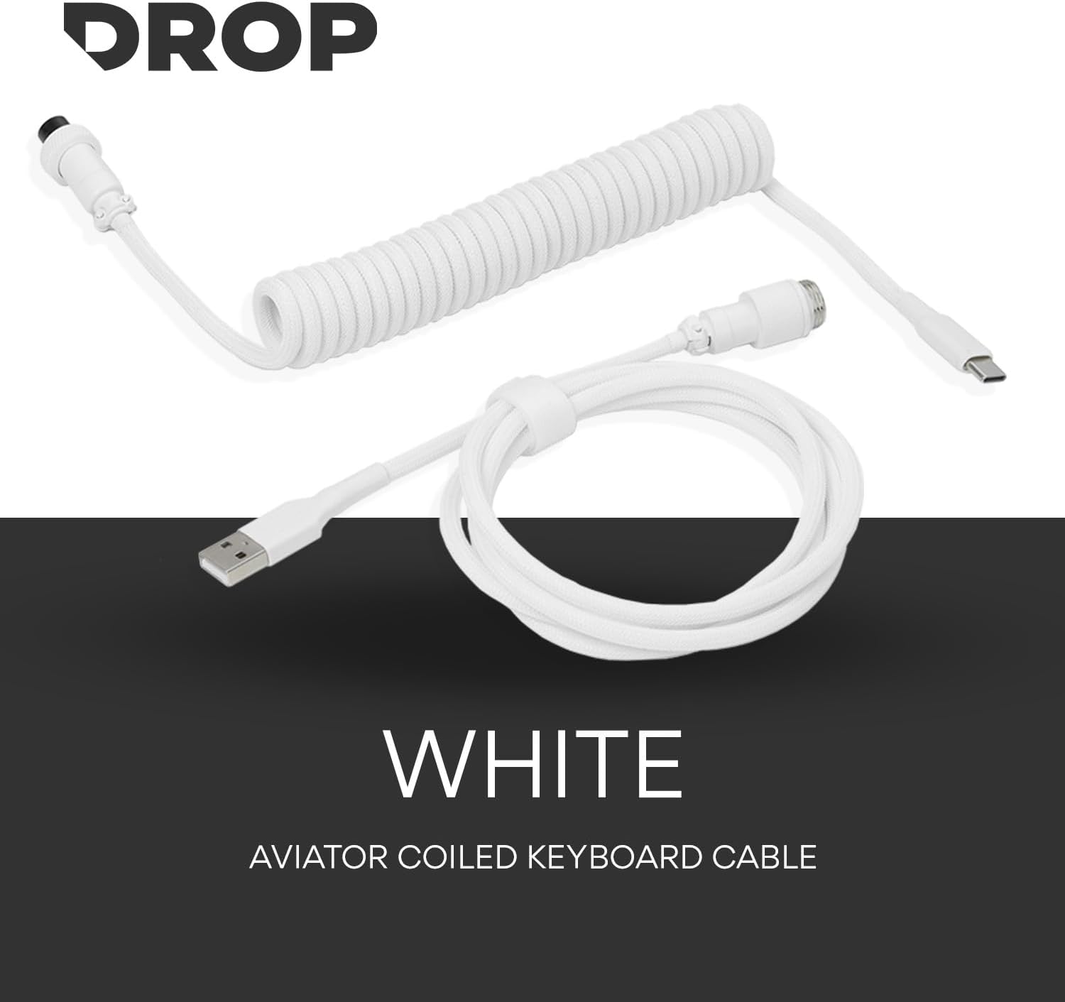 DROP Black and White Coiled Keyboard Cable - Aviator Connector - White
