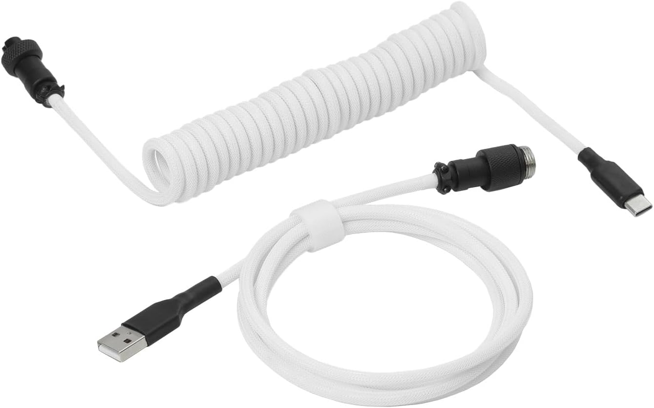 DROP Black and White Coiled Keyboard Cable - Aviator Connector - Black-on-White