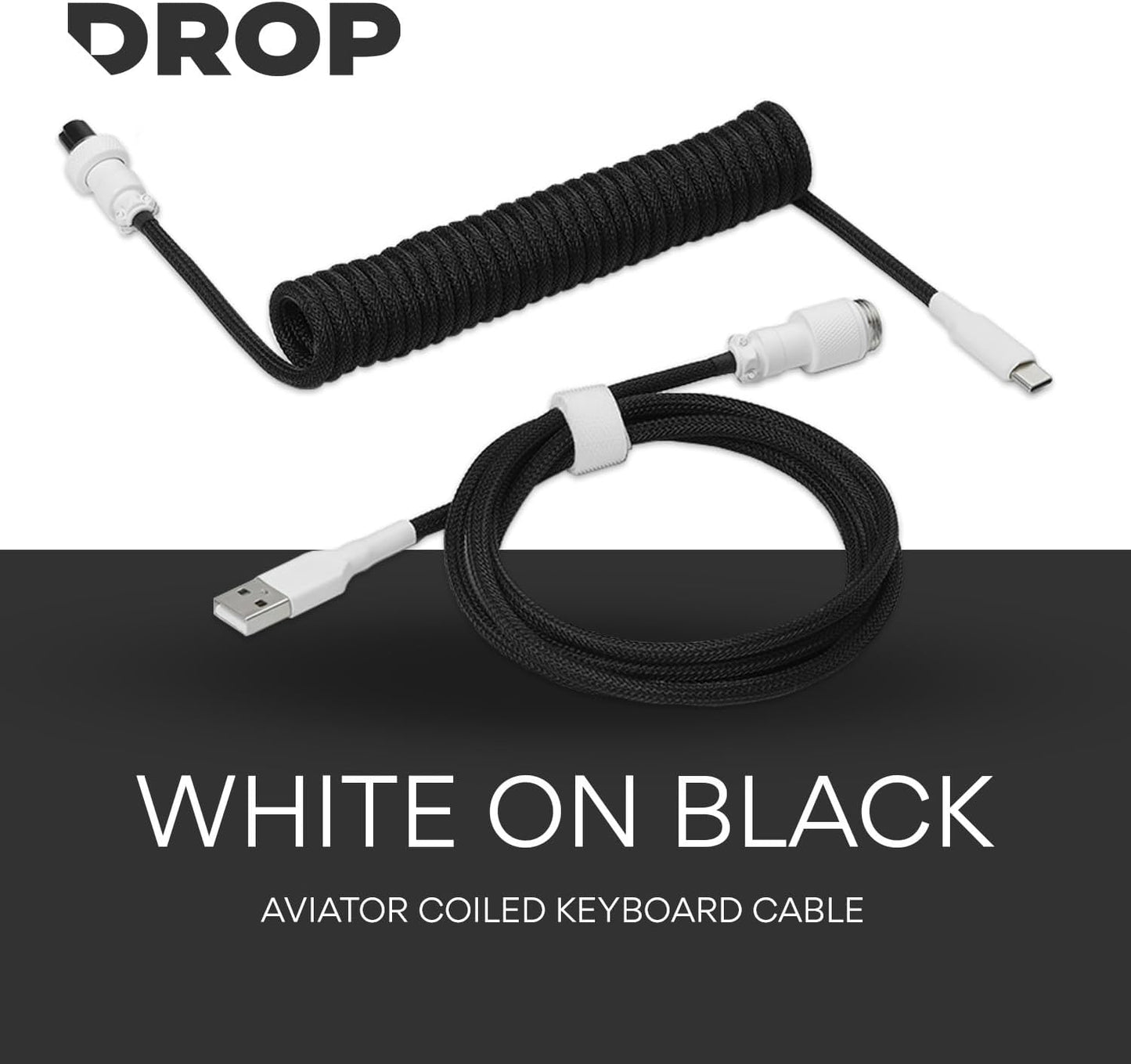 DROP Black and White Coiled Keyboard Cable - Aviator Connector - White-on-Black