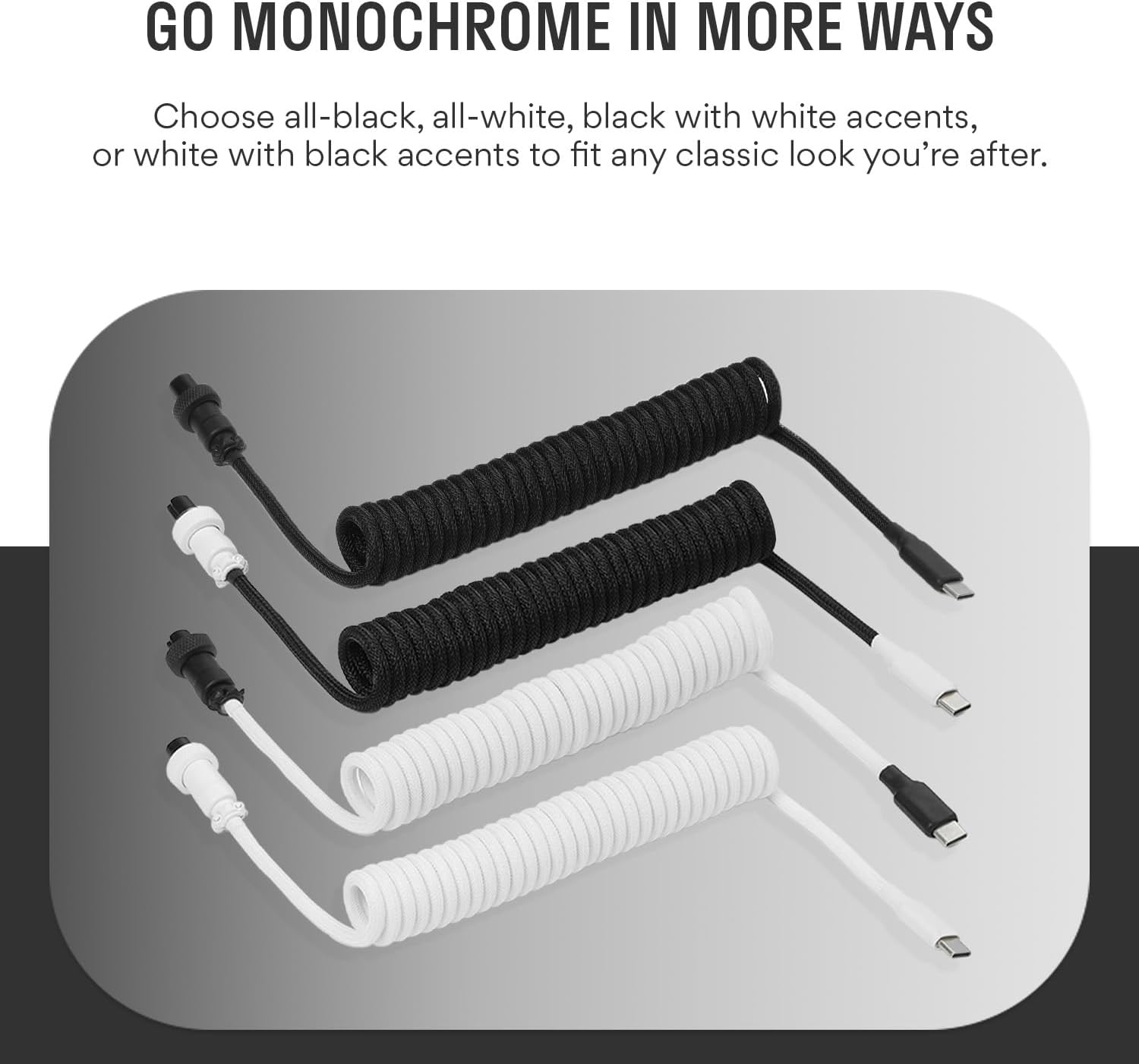 DROP Black and White Coiled Keyboard Cable - Aviator Connector - Black-on-White