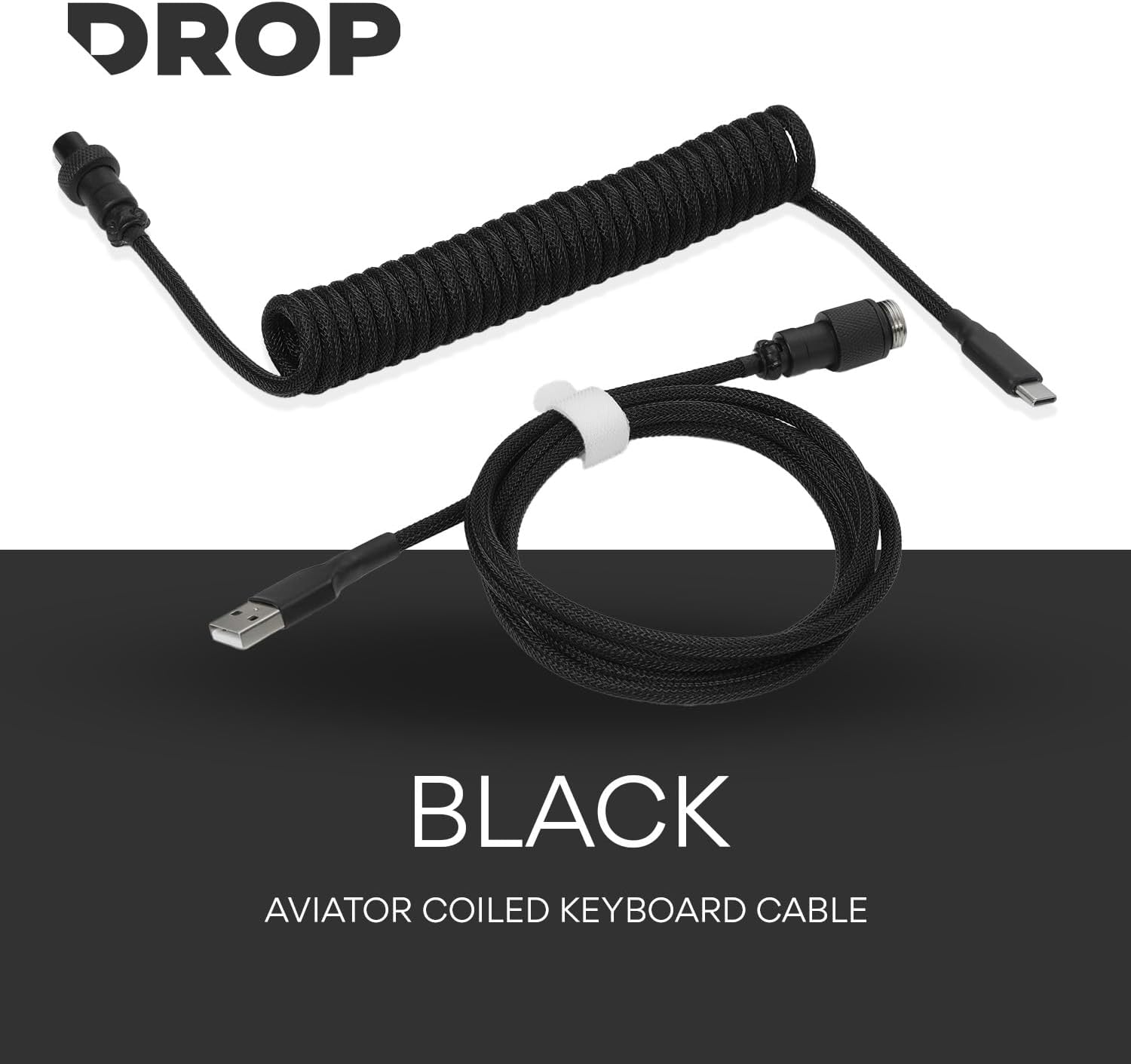 DROP Black and White Coiled Keyboard Cable - Aviator Connector - Black