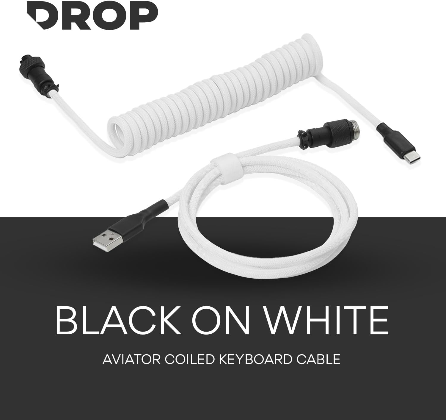 DROP Black and White Coiled Keyboard Cable - Aviator Connector - Black-on-White