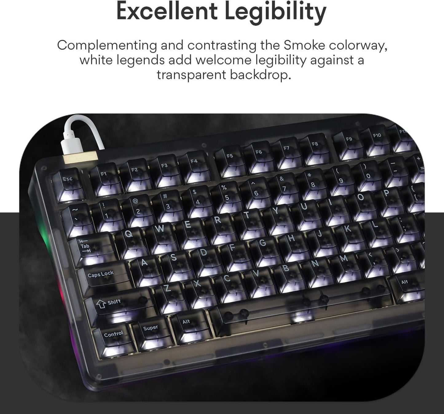 DROP + MiTo Keysterine Transparent ABS Keycap Set R2 - Smoke - 60%, 65%, 75%, TKL, WKL, 1800, 96-Key, Full-Size and More Cherry MX Style Keyboard Compatibility